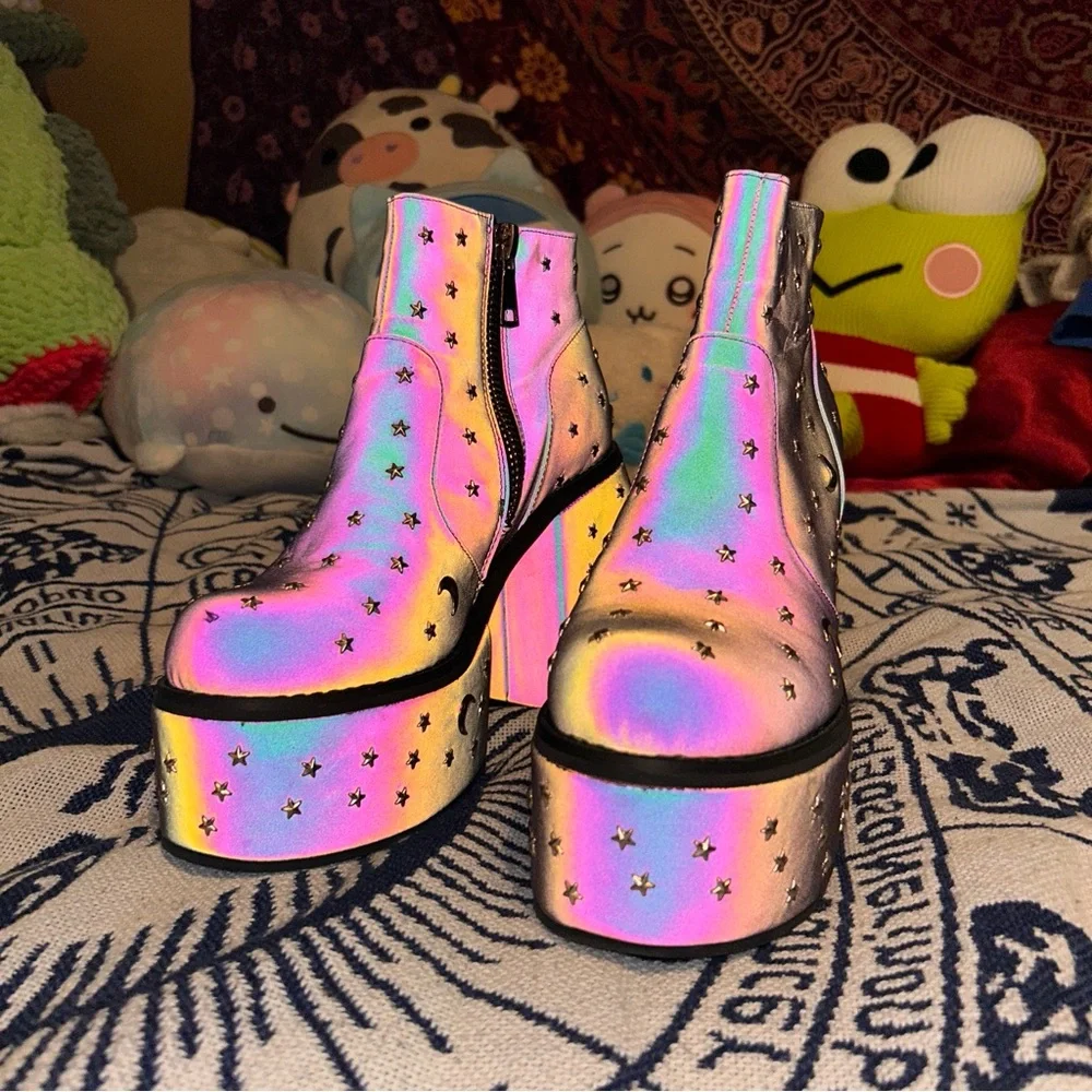 Holographic Star Platform Ankle Boots Women - Picture 1 of 9